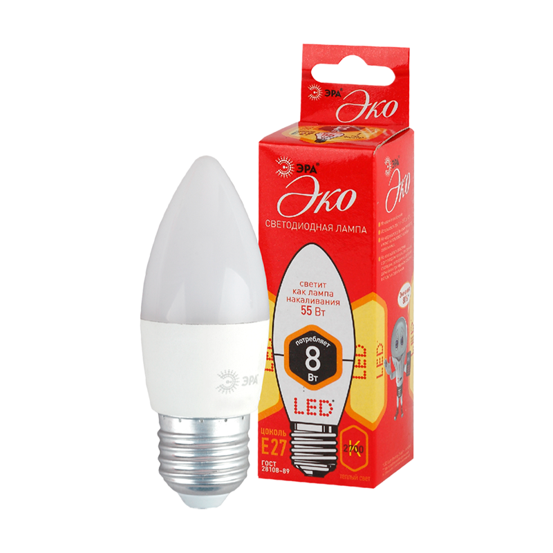 Лампа светодиодная ЭРА B35 E27 8W 2700К 220-240V свеча Eco (1/10/100)
