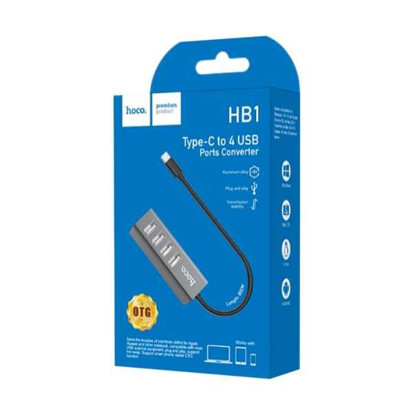 USB-Хаб HOCO HB1 4USB USB (m) серый (1/12/120)