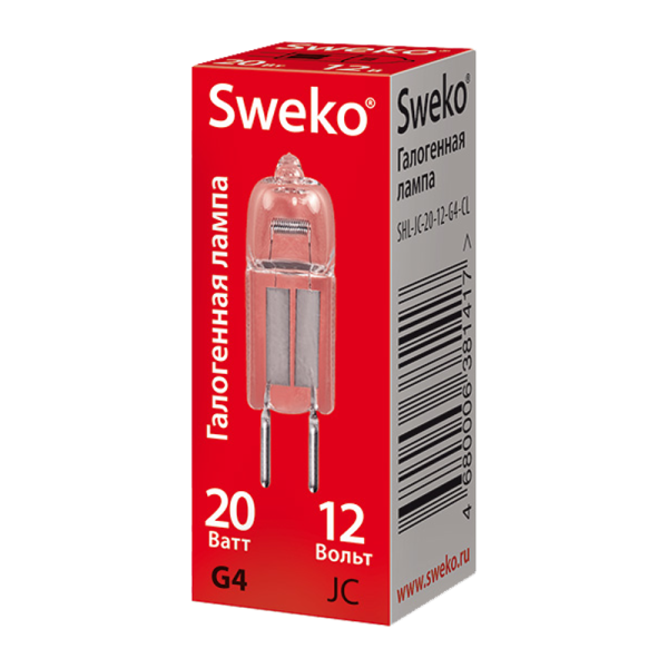 Лампа галогенная Sweko JC G4 20W 3500К 12V капсула прозрачная (1/50/500)