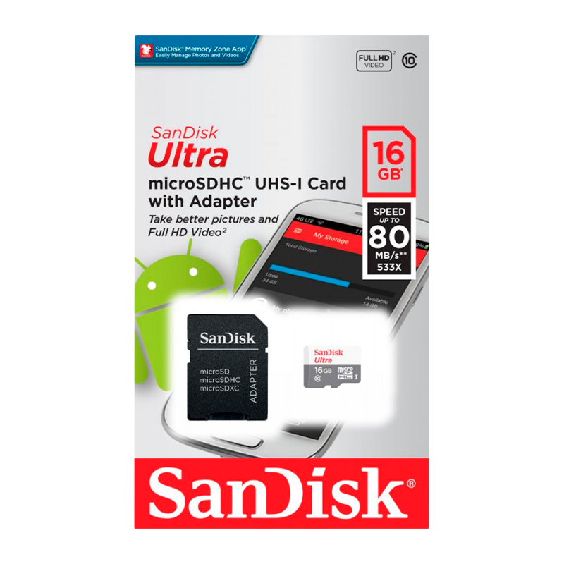 Карта памяти microSD SanDisk ULTRA 16GB Class10 UHS-I (U1) 80 МБ/сек с адаптером