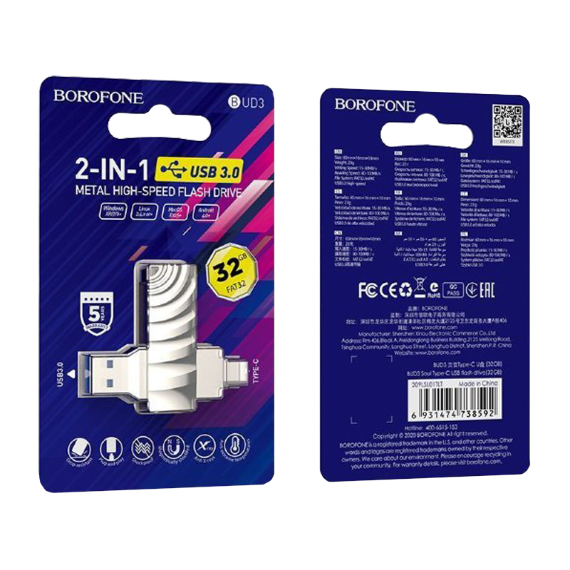 Флеш-накопитель Borofone Soul BUD3 32GB USB3.0 Type-C (m) металл серый (1/25)