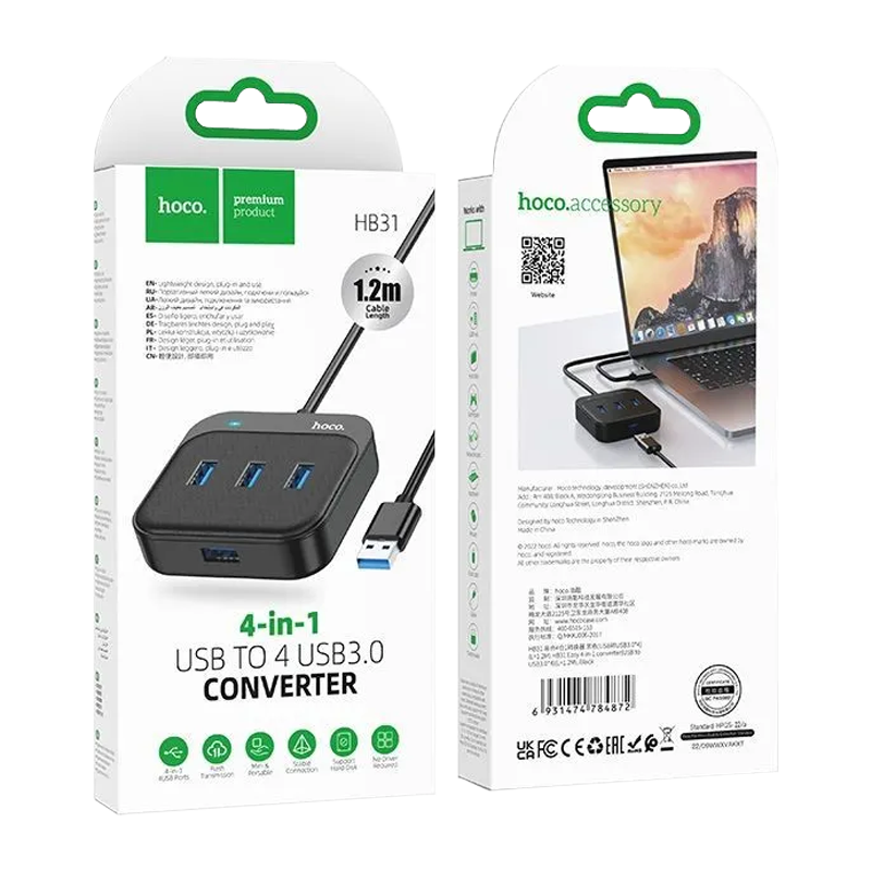 USB-Хаб HOCO HB31 4USB USB (m) USB3.0 1.2м черный (1/19/190)