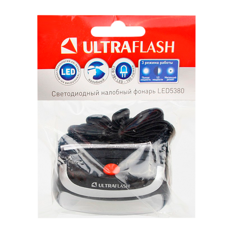 Фонарь налобный Ultraflash LED5380 3W COB от батареек IPX4 черный (1/50)