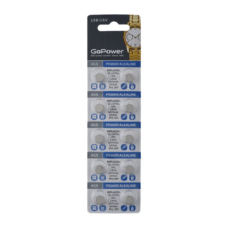 Батарейка GoPower G5/LR754/LR48/393A/193 BL10 Alkaline 1.55V (10/100/3600)
