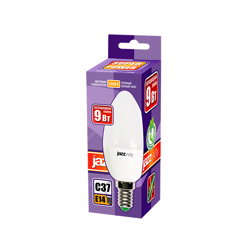 Лампа светодиодная JAZZway C37 E14 9W 3000К 230V свеча матовая (1/10/100)