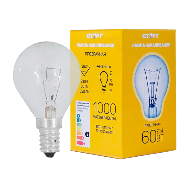 Лампа накаливания Старт E14 60W 230V шар ДШ прозрачная (1/10/100)