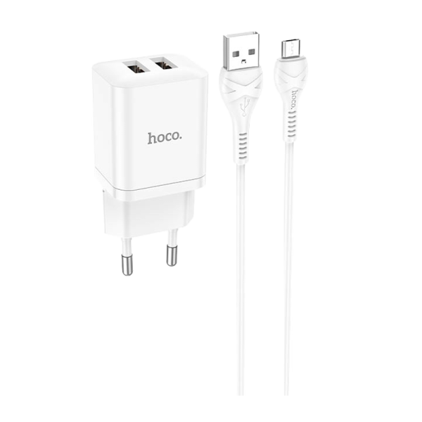 Сетевое З/У HOCO N25 2USB 2.1A с кабелем microUSB белый (1/13/130)