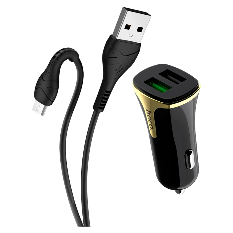 Автомобильное З/У HOCO Z31 2USB 3.4A QC3.0 с кабелем microUSB черный (1/14/140)