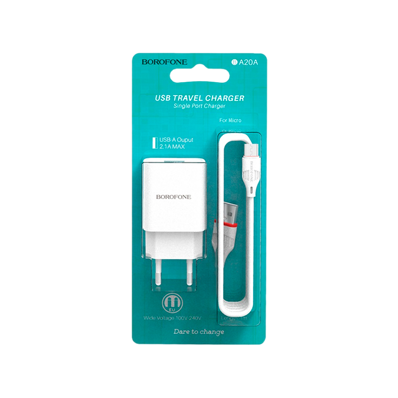 Сетевое З/У Borofone BA20A 1USB 2.1A с кабелем microUSB белый (1/48/192)