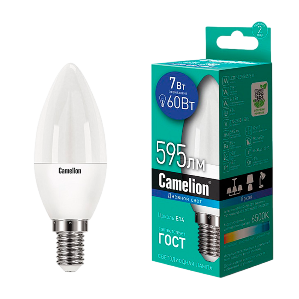 Лампа светодиодная Camelion C35 E14 7W 6500К 170-265V свеча матовая (1/10/100)