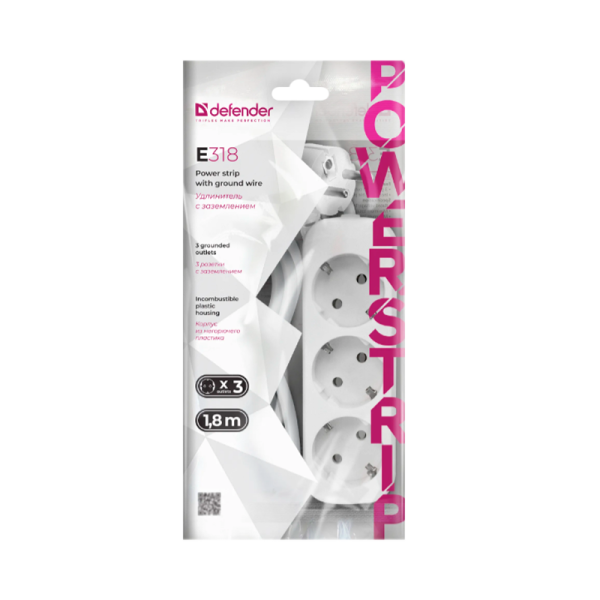 Удлинитель Defender E318 3р.С/З 10A 1.8м ПВС 3x1мм² белый (1/30)