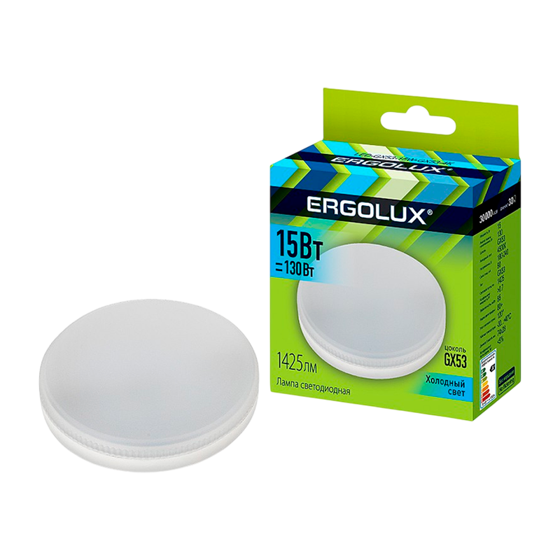 Лампа светодиодная Ergolux GX53 15W 4000К 180-240V таблетка (1/10/100)