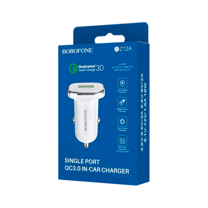Автомобильное З/У Borofone BZ12A 1USB 3.0A QC3.0 белый (1/44/176)