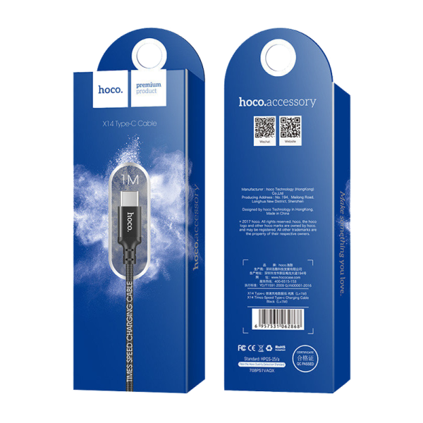 Кабель HOCO X14 USB (m)-Type-C (m) 1.0м 2.0A нейлон черный (1/33/330)