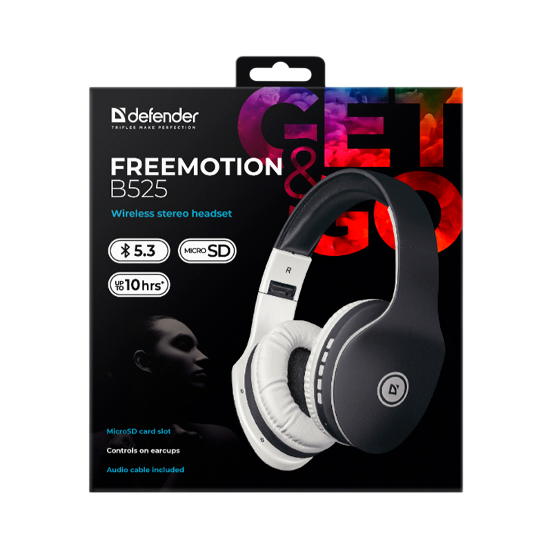 Наушники полноразмерные Defender B525 FreeMotion bluetooth 4.2 с микр. черный белый (1/40)