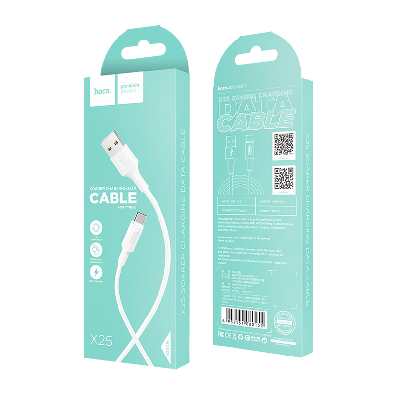 Кабель HOCO X25 USB (m)-Type-C (m) 1.0м 2.0A ПВХ белый (1/30/300)