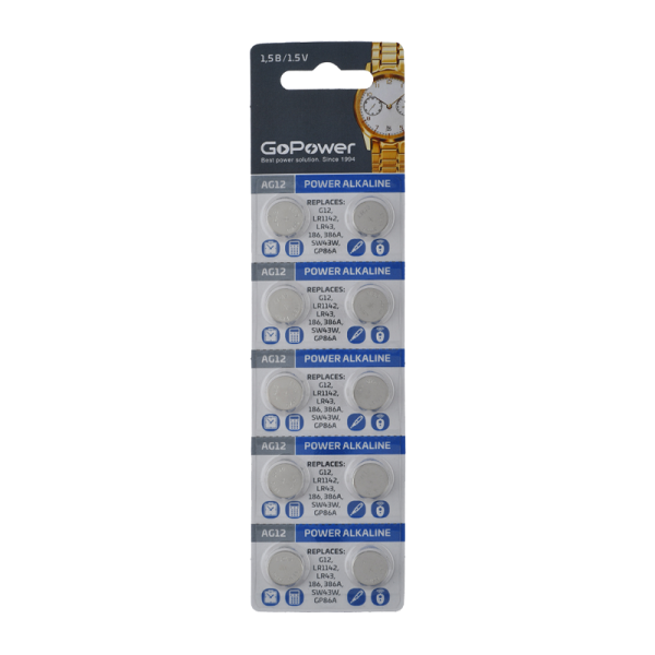 Батарейка GoPower G12/LR1142/LR43/386A/186 BL10 Alkaline 1.55V (10/100/3600)