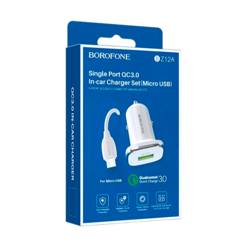 Автомобильное З/У Borofone BZ12A 1USB 3.0A QC3.0 с кабелем microUSB белый (1/44/176)
