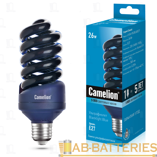 Лампа энергосберегающая ультрафиолетовая Camelion T4 E27 26W 220-240V спираль (1/5/25/100)