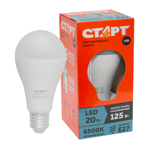 Лампа светодиодная Старт GLS E27 20W 6500К 220V груша Eco матовая (1/10/100)