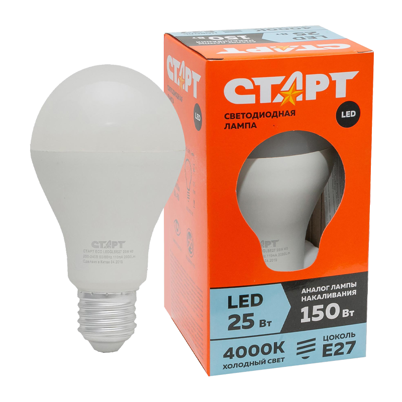 Лампа светодиодная Старт GLS E27 25W 4000К 220V груша Eco матовая (1/10/100)
