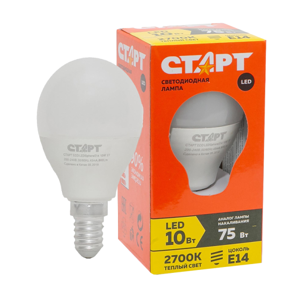 Лампа светодиодная Старт G47 E14 10W 2700К 220V шар Eco матовая (1/10/100)