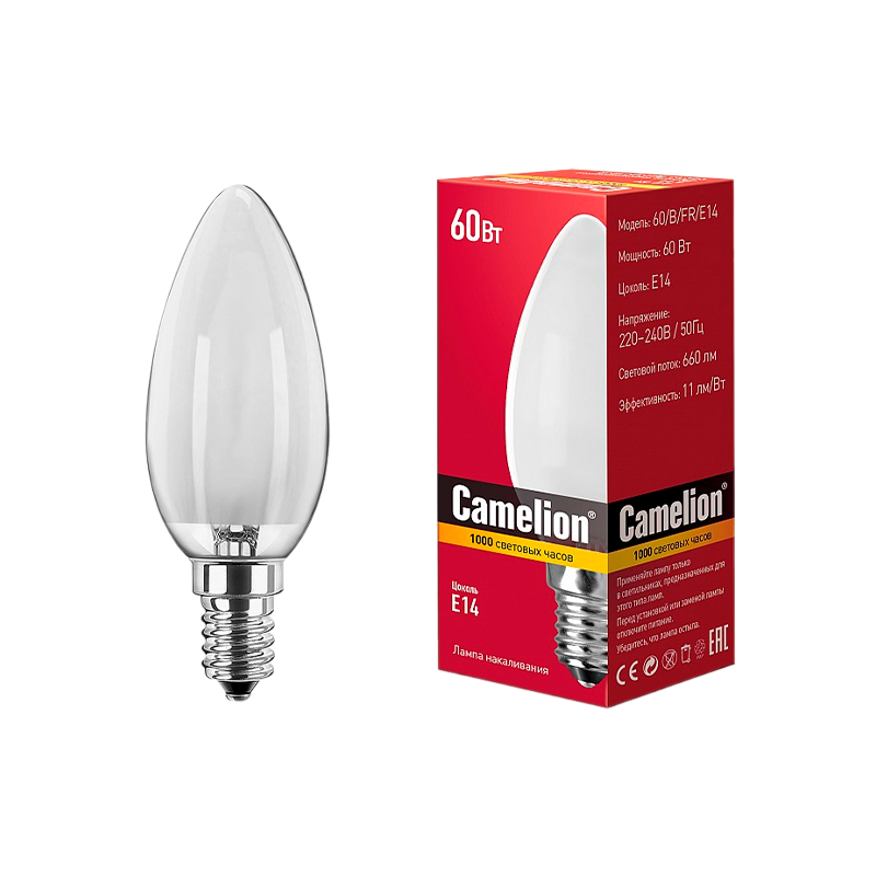 Лампа накаливания Camelion E14 60W 220V свеча матовая (1/100)