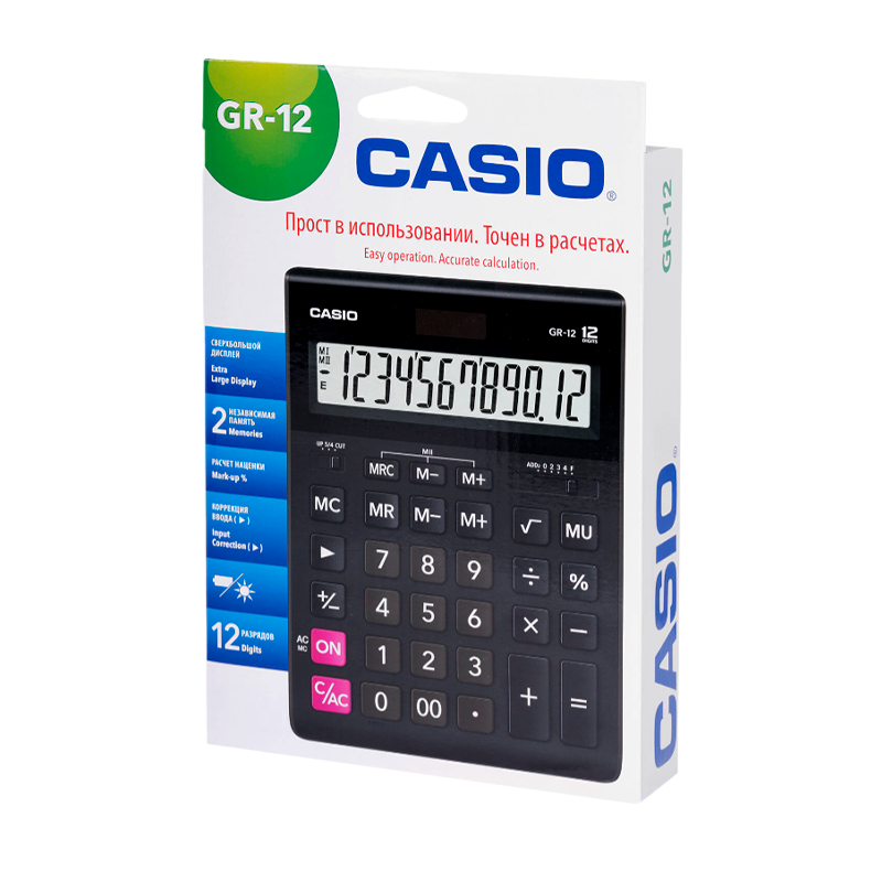 Калькулятор полноразмерный Casio GR-12 12-разрядный для бухгалтеров черный (1/10/40)