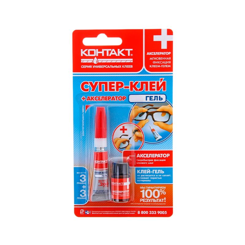 Супер-клей Контакт 3г универсальный +акселератор BOX10 шоу-бокс (10/200)