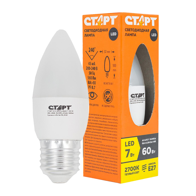 Лампа светодиодная Старт B35 E27 7W 2700К 220V свеча Eco матовая (1/10/100)