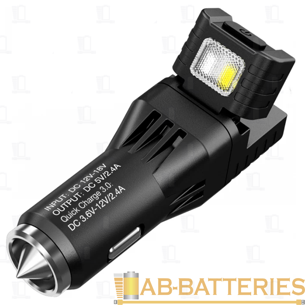 Автомобильное З/У Nitecore VCL10 2USB 2.4A QC3.0 с фонарем черный