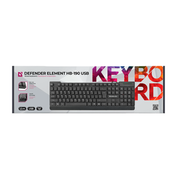 Клавиатура проводная Defender HB-190 USB RU Element классическая USB 1.5м черный (1/20)