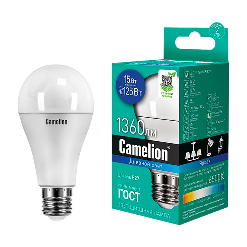 Лампа светодиодная Camelion A60 E27 15W 6500К 170-265V груша матовая (1/10/100)