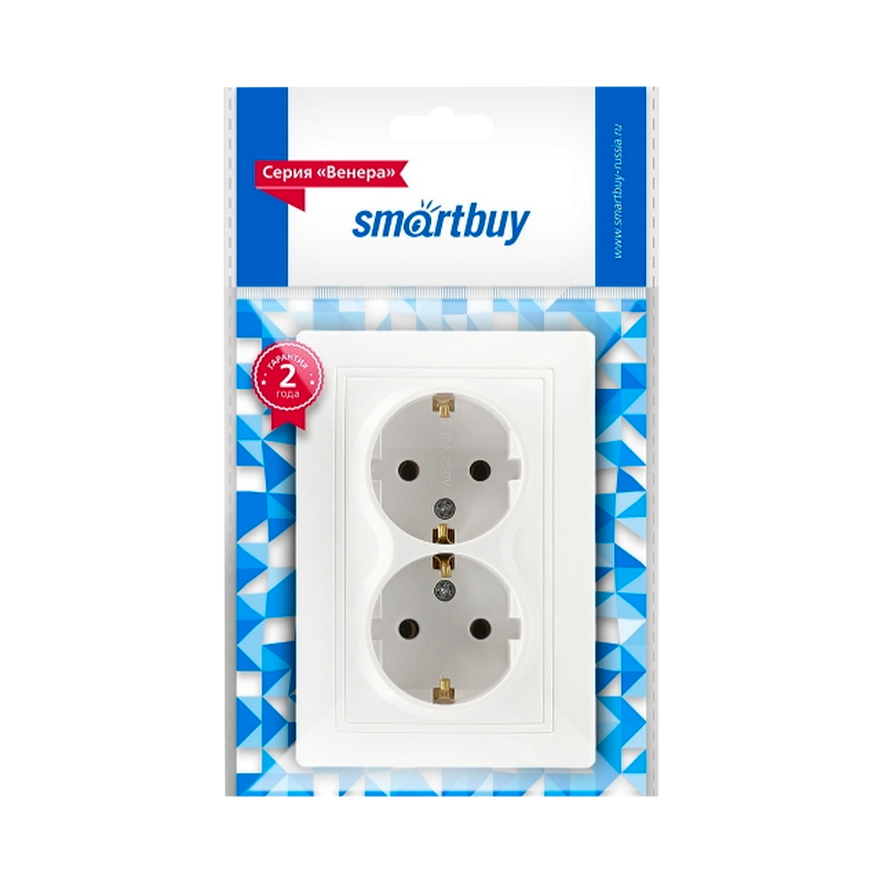 Розетка Smartbuy 2-местная с заземлением 16А белая, керамика "Венера"
