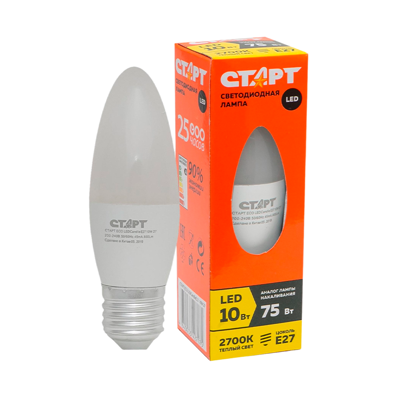 Лампа светодиодная Старт B35 E27 10W 2700К 220V свеча Eco матовая (1/10/100)