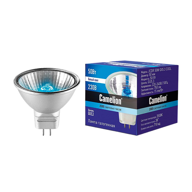 Лампа галогенная Camelion MR16 GU5.3 50W 3500К 220-240V софит 50мм прозрачная (1/10/200)