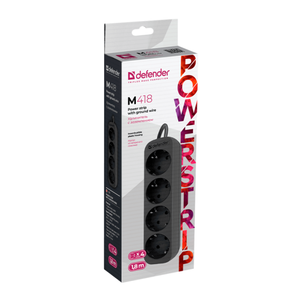 Удлинитель Defender M418 4р.С/З 10A 1.8м черный (1/45)
