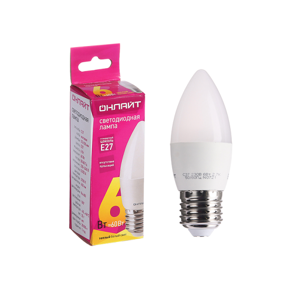Лампа светодиодная ОНЛАЙТ Свеча 6W Е27 теплый&nbsp;&nbsp;свет (1/10/100)