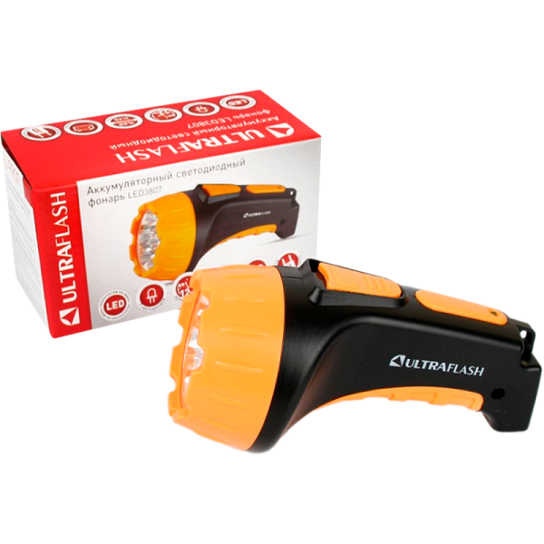 Фонарь туристический Ultraflash LED3807 0.9W 7LED от аккумулятора IP22 прямая подзарядка черный желт