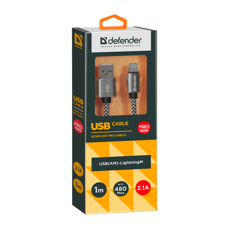 Кабель Defender ACH01-03T PRO USB2.0 (m)-Lightning (m) 1.0м 2.1A белый