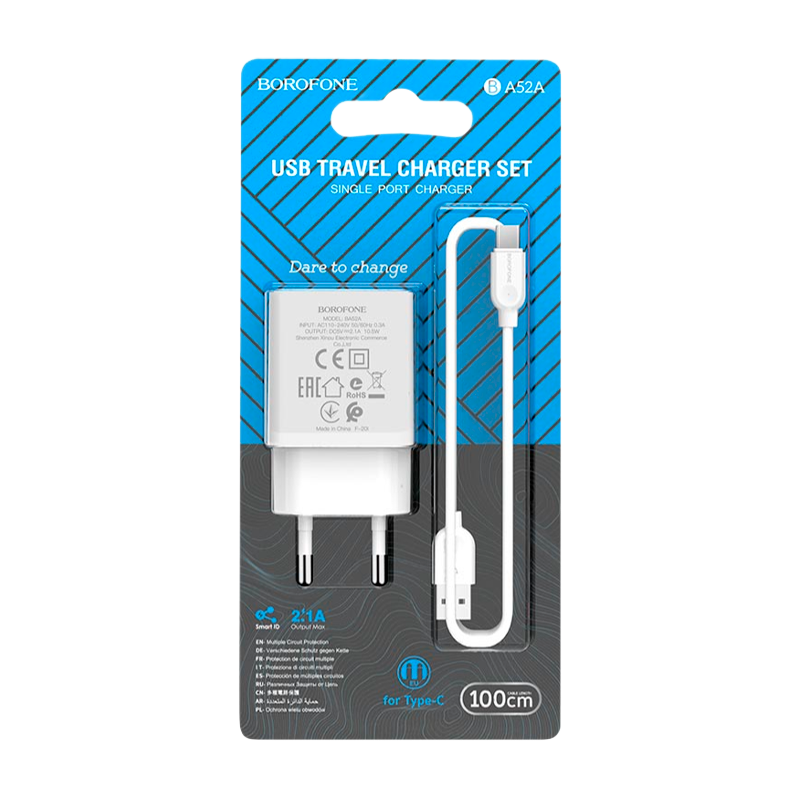 Сетевое З/У Borofone BA52A 1USB 2.1A с кабелем Type-C белый (1/48/192)