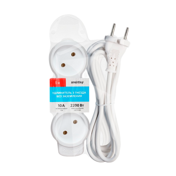 Удлинитель Smartbuy NEW 3р.Б/З 10A 5.0м ПВС 2x1мм² белый (1/40)