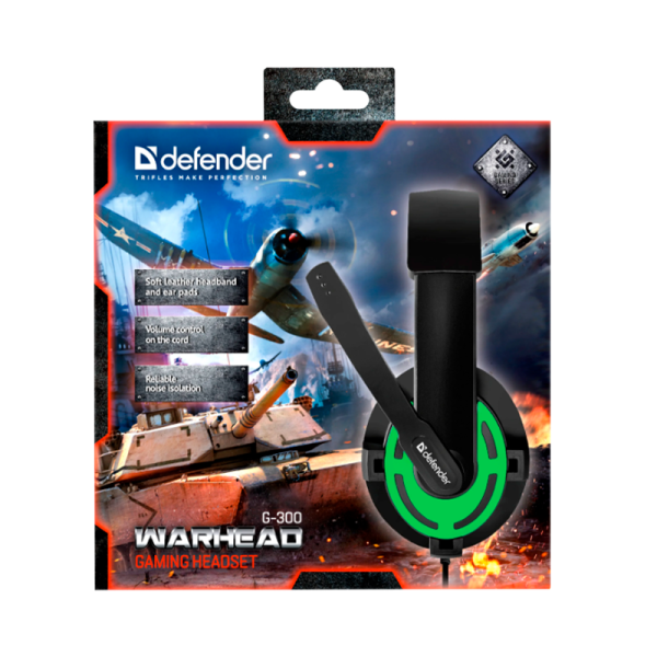 Наушники полноразмерные Defender G-300 Warhead с микр. игровые черный зеленый (1/20)