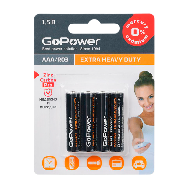 Батарейка GoPower R03 AAA BL4 Heavy Duty 1.5V (4/48/576)