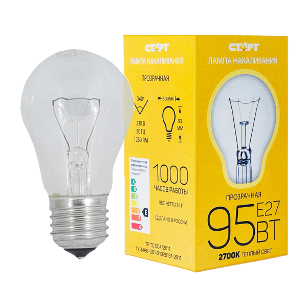 Лампа накаливания Старт E27 95W 220-240V груша Б прозрачная (1/10/100)