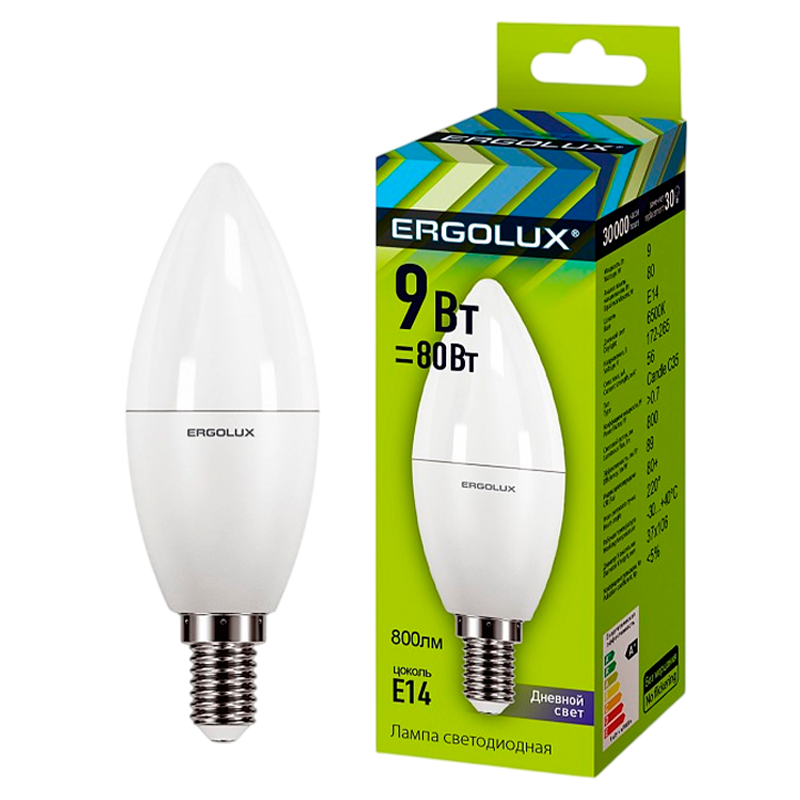 Лампа светодиодная Ergolux C35 E14 9W 6500К 172-265V свеча (1/10/100)