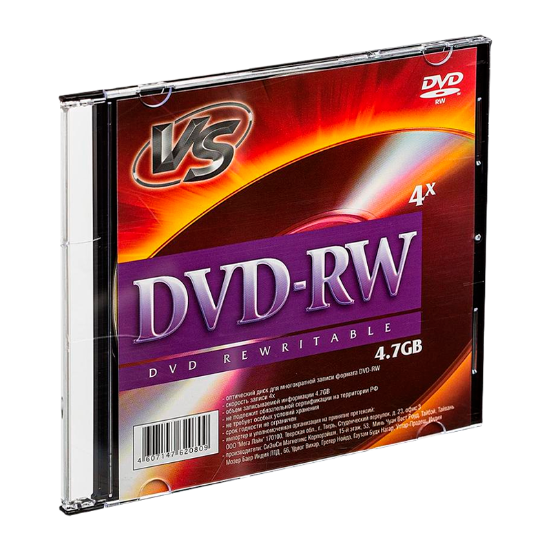 Диск DVD-RW VS 4.7GB 4x 5шт. SlimCase (5/200)