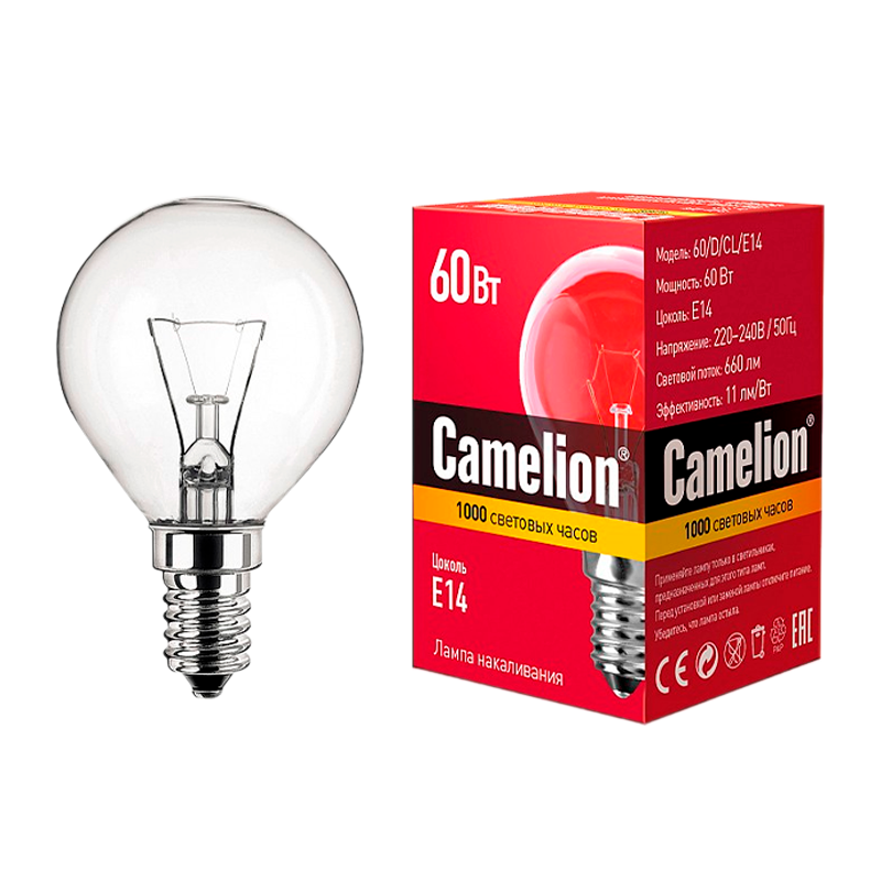 Лампа накаливания Camelion E14 60W 220V шар прозрачная (1/100)