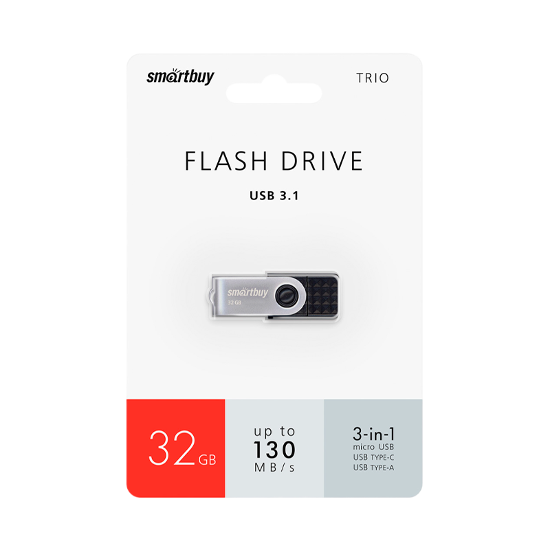Флеш-накопитель Smartbuy TRIO 32GB USB3.0 Type-C (m)/microUSB (m) пластик черный