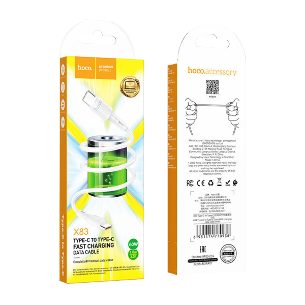 Кабель HOCO X83 Type-C (m)-Type-C (m) 1.0м 3.0A 60W ПВХ белый (1/33/330)